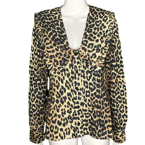 NWT GANNI Ruffled Collar Leopard Print Cotton Poplin Long Sleeve Top - Sz 6 - Picture 3 of 13